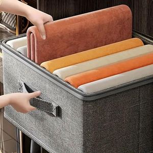 Paniers de rangement pliables en tissu coton et lin avec couvercle zippé, lavables, pour l'organisation des vêtements dans les placards et étagères - Product Image 6