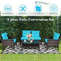 Ensemble de 4 pièces en rotin turquoise pour patio, meubles d'extérieur en osier, canapés de jardin, coussins de causeuse de jardin, dessus en verre, café.