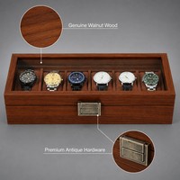 Boîte de présentation de montres en bois de noyer de luxe personnalisable avec coussin en velours brun doux, charnières métalliques vintage, logo personnalisé