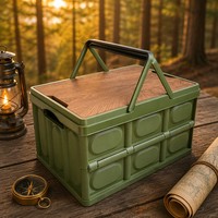 Boîte de rangement pliable pour le camping, empilable, portable, avec couvercle en bois, bac organisateur en PP, pour pique-nique, maison, extérieur