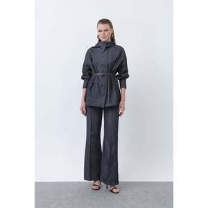 Loreen Women's Burgundy <b>Wrap</b> Neck Belt Detailed Denim Pants Set - Stylish Two-Piece Outfit for Casual and Elegant Wear - Product Image 1