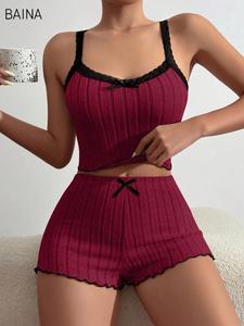 Ensemble de lingerie sexy pour femme, deux pièces, débardeur côtelé épais et short avec dentelle contrastante, pyjama et pantalon de détente - Product Image 4