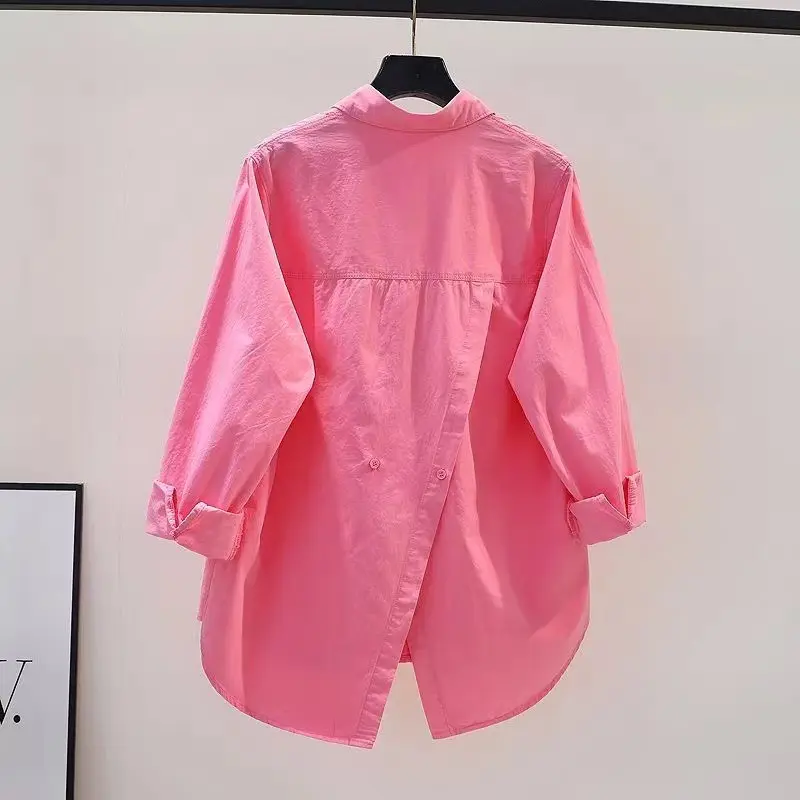2023 Rose Pink Trendy Loose Lapel Long-sleeved All-match Cardigan Shirt Women Blouse