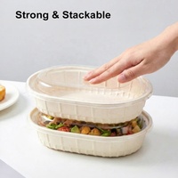 Boîte à salade jetable ovale biodégradable de 750 ml avec couvercle transparent, récipient alimentaire à emporter, compatible micro-ondes et congélateur, anti-fuite, sans BPA