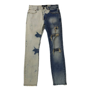 Jean délavé bicolore pour homme, pantalon en denim contrastant clair et foncé, avec empiècements en maille respirante, effet usé et déchiré, style décontracté - Product Image 1