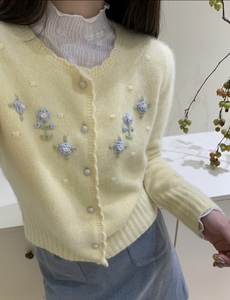 <span class=keywords><strong>Cardigan</strong></span> Casual a girocollo lavorato a maglia da donna con motivo floreale in rilievo in tinta unita per la primavera e l'autunno strass Coat - Product Image 2