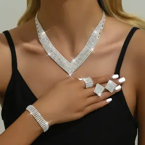 Luxury Bridal Popular Rhinestone Silver Plated Bridal Jewelry Set Sparkling Crystal Necklace Bracelet Rings Se