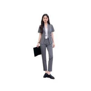 Women's Gray Short Sleeve Double Breasted <b>Blazer</b> And Trousers Suit <b>Set</b> For Commute Anti-Wrinkle Formal Wear - Product Image 5