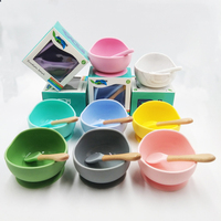 Ensemble bol et fourchette en silicone écologique sans BPA, personnalisable OEM, avec manche en bois naturel et repose-fourchette intégré - Sevrage des bébés de 0 à 12 mois