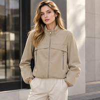 Veste en cuir d'agneau beige pour femme, col montant, fermeture éclair, manteau court, doublure en polyester, vêtements d'extérieur en véritable peau de mouton pour femme
