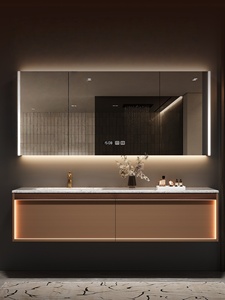 Customized Italian style light luxury style natural marble seamless ceramic basin intelligent <b>mirror</b> bathroom cabinet - Product Image 2