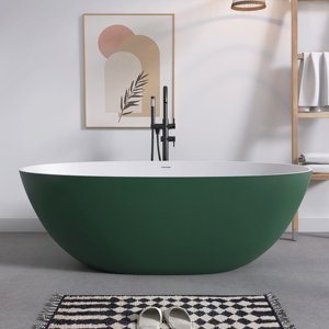 Bañera moderna independiente Maydon, bañera ovalada de superficie sólida en rosa melocotón, diseño de baño elegante con piedra artificial - Product Image 1