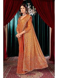 Fandy <b>Satin</b> Draped Saree with Opulent Beads Embroidery Detailing Designer <b>Blouse</b> Included for Women Special Occasion Wedding - Product Image 1