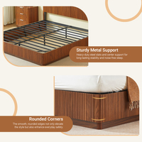 Cadre de lit King Size avec éclairage LED, lignes courbes ondulées en bois moderne, design de panneau à rainures convexes, noyer.