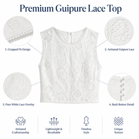 Chemisier élégant pour femme en pur coton blanc à motif cachemire, sans manches, col rond, avec pompons et boutons au dos