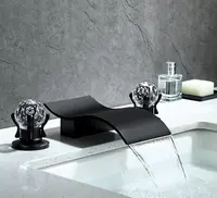 Grifo de cascada para lavabo de baño, grifería de llenado de bañera, con 2 perillas de cristal, mezclador de tocador, color negro