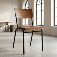 Chaise de salle à manger industrielle traditionnelle en chêne massif avec cadre métallique, assise et dossier en contreplaqué courbé, empilable, pour cuisine et maison, vente en gros