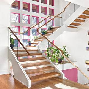 stair <strong>step</strong> <strong>wood</strong> with <strong>wood</strong> stair tread and <strong>riser</strong> 12mm tempered glass railing top solid wooden handrail - Product Image 1
