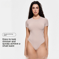 Body gainant sans couture en nylon à manches courtes pour femme, coupe haute, taille ouverte, compression abdominale, amincissant, invisible, coupe triangulaire