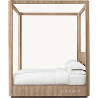 Cadre de lit plateforme minimaliste en chêne massif cannelé, lit à baldaquin moderne taille King pour la maison et l'hôtellerie