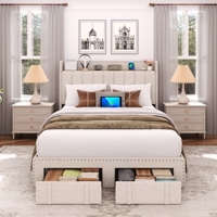 Cadre de lit avec tiroirs de rangement, tête de lit rembourrée avec station de charge USB et clous décoratifs, pour usage domestique, chambre à coucher et hôtelier