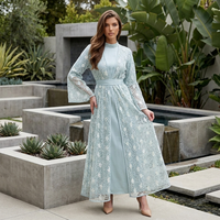 Nouvelles Arrivées Robe Longue Abaya Élégante et Respirante pour Femme avec Superposition de Dentelle Florale, Ceinture, Manches Évasées, Robe de Soirée Modeste, Quatre Saisons