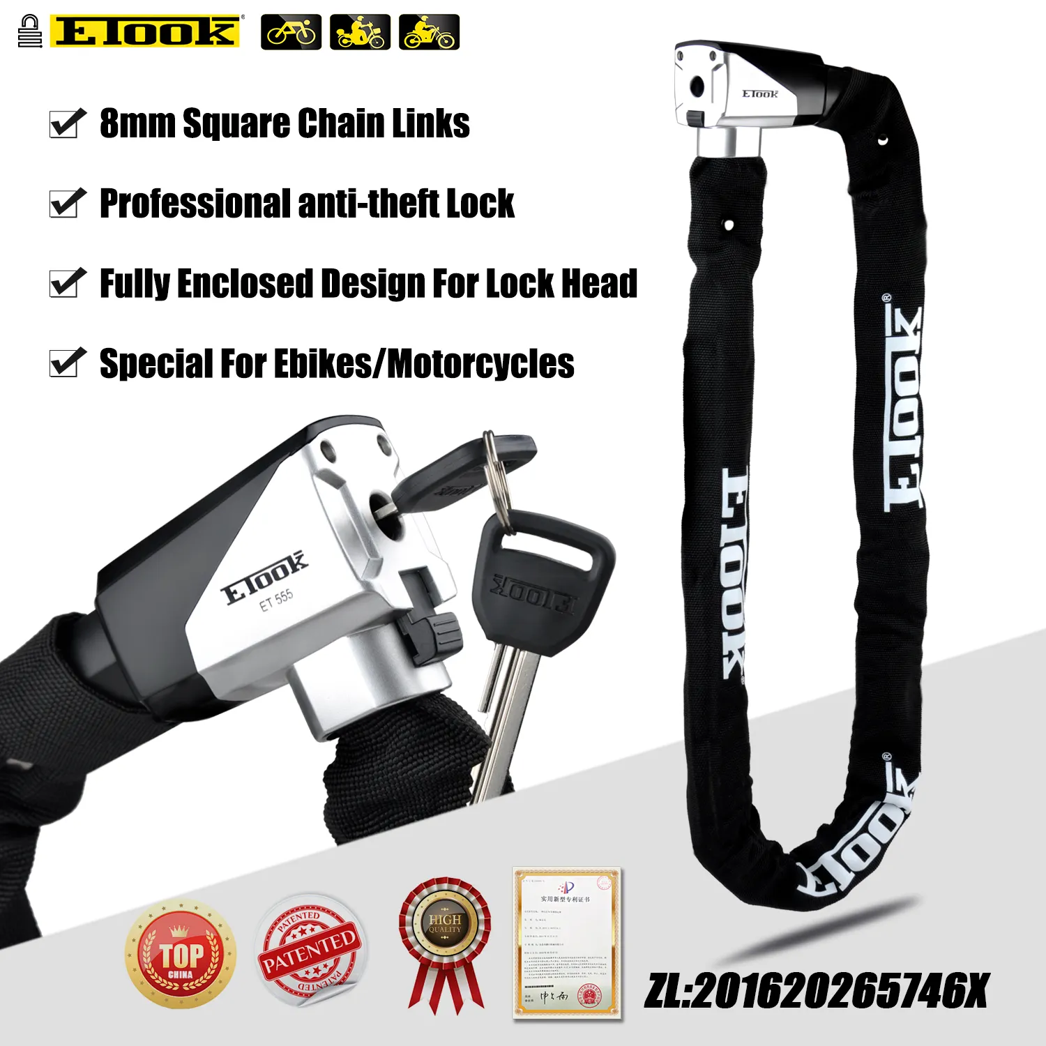 ETOOK Integrated Heavy Duty Square Link Bike Chain Bicycle Lock Bike Lock