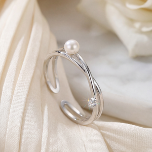 S925 <b>Silver</b> Double Layer Cross Freshwater Pearl Open <b>Ring</b> Minimalist CZ Geometric <b>Adjustable</b> Pearl Jewelry for Women - Product Image 5