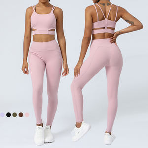 Tenues d'entraînement SHINBENE 2 pièces coussinets fixes côtelés soutien-gorge taille haute Leggings ensembles formation vêtements <span class=keywords><strong>de</strong></span> sport costumes <span class=keywords><strong>de</strong></span> Yoga - Product Image 1