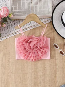 Toptan Bebek Kız Giyim Seti Kolsuz Fırfırlı Tül Çiçekli Tişört + Boncuklu Kot Şort 2 Parça Kıyafet Seti - Product Image 5