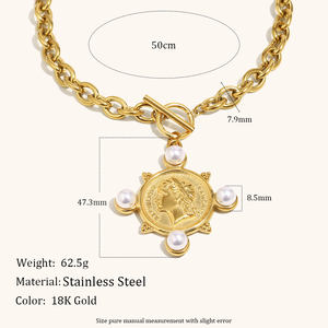 Dingran kalung liontin koin baja tahan karat berlapis emas gesper OT dengan aksen mutiara perhiasan terinspirasi antik - Product Image 2