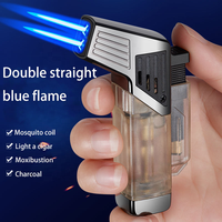 Briquet à cigare double flamme bleu, design moderne, coupe-vent, rechargeable, durable, en alliage de zinc, torche, cadeau d'affaires personnalisé