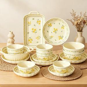 Hand Painted Flower Plate and Porcelain Bowl Dish Set Drinkware Ceramic Mug Eco-Friendly Pastoral Style Ceramic <b>Dinnerware</b> - Product Image 1