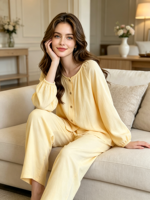 Ensemble de pyjama de luxe respirant en fibre de bambou pour femme, col rond, cardigan fin à manches longues pour les pièces climatisées, printemps/automne