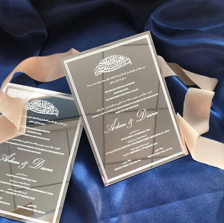 Tarjeta de invitación de boda acrílica transparente y espejo personalizada, manualidades de papel con detalles acrílicos transparentes y de espejo