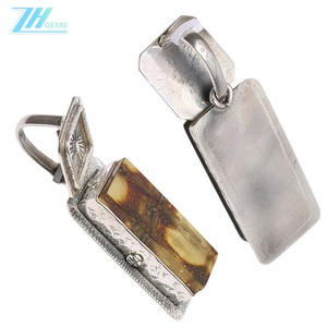 Rectángulo de ámbar natural amarillo con color negro Báltico no optimizado rebozuelo colgante de cera de abeja Ajuste de plata esterlina - Product Image 3