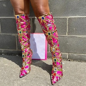 Colorful Diamonds Women's Knee High <b>Boots</b> Pointed Toe Metal Decor Glitter Long Booties Embroidered on Stiletto Heels - Product Image 3