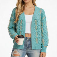 Cardigan en tricot personnalisé pour femme, col en V, vert lac, maille torsadée ajourée, décor feuille en résine 3D, devant ouvert, manches longues amples, tenue quotidienne