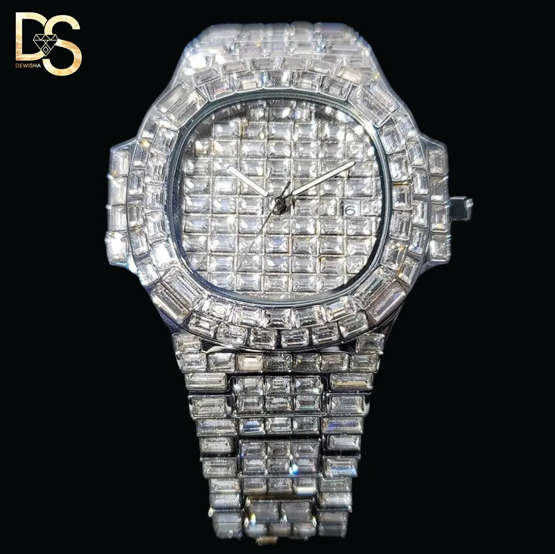เครื่องทดสอบเพชรผ่านแบบกําหนดเอง Iced Out นาฬิกาข้อมือ Bling Moissanite นาฬิกาจักรกลระดับพรีเมียม VVS