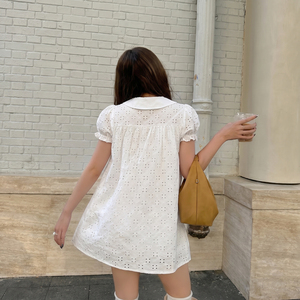 Robe Babydoll en Dentelle Couleur Unie à Taille Naturelle pour Fille, Tissu Texturé, Col Rabattu, Coupe Évasée, Mini, Manches Courtes, Respirante - Product Image 4