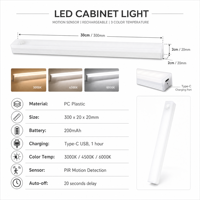 Lampu Kabinet LED PC Slim Modern Sensor Gerak PIR Pintar, Dapat Diisi Ulang, 3 Suhu Warna, Peredupan Tanpa Tingkat, CRI 80, Garansi 2 Tahun