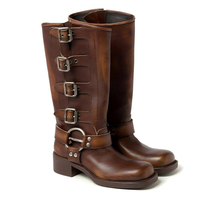 Bottes de motard personnalisables marron vieilli à multiples boucles pour femme, style western rétro, mi-mollet, à talon épais