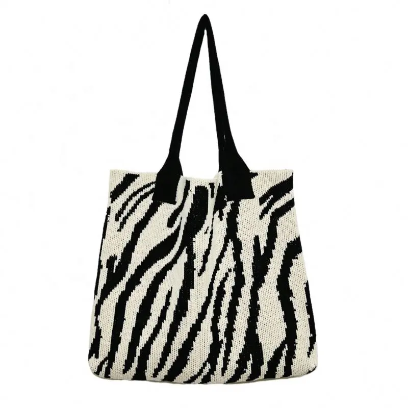 2023 yeni zebra-şerit desen tığ sepet alışveriş çantası el yapımı örgü dokuma tığ taşınabilir depolama çanta