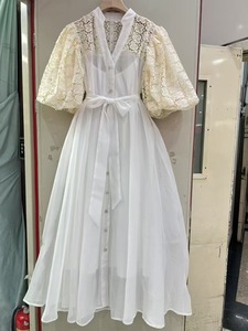เดรสยาวปานกลางทรงหลวม ไซส์ XXL สีพื้นเรียบง่าย เป็นมิตรต่อสิ่งแวดล้อม ดีไซน์หรูหรา สำหรับผู้หญิง ฤดูร้อน แขนสั้น คอวี ผูกเชือก แต่งลูกไม้ มีซับใน สไตล์ลำลอง - Product Image 4