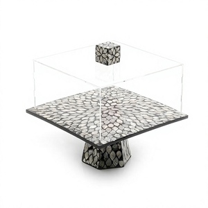 Support à gâteau en bois au design moderne avec couvercle en acrylique et décorations en nacre, à prix avantageux - Product Image 1