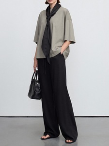 <span class=keywords><strong>Pantaloni</strong></span> Larghi da Donna OEM in Misto <span class=keywords><strong>Lino</strong></span> Traspirante, <span class=keywords><strong>Grigio</strong></span> e Nero, con Elastico in Vita e Coulisse, Gamba Dritta e Larga, per Ufficio e Casual - Product Image 2