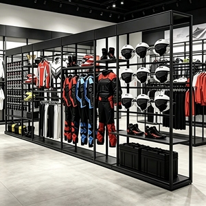 Système d'affichage robuste en métal noir avec étagères pour <span class=keywords><strong>casques</strong></span>, supports de suspension pour équipements et boîtes de rangement pour magasin de motos - Product Image 3