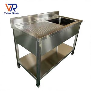 Évier double en acier inoxydable épaissi VCT, cuve droite avec égouttoir gauche, 180*70*90mm, station de lavage industrielle - Product Image 3