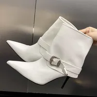 Bottines à talons hauts fins pour femmes avec boucle de ceinture en cristal, style urbain, bout pointu, antidérapantes, chaussures de strip-tease