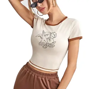 T-shirts sexy pour femmes, haut court et personnalisé, avec motif graphique d'ange et de lettres, vente en gros